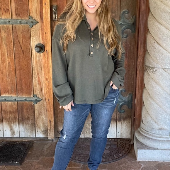 Women's Waffle Knit Long Sleeve Casual Blouses Tops LARGE - Picture 2 of 3